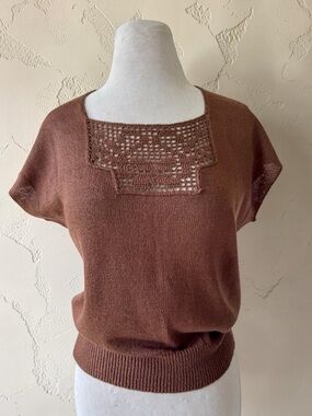 Vtg 80s Campus Casuals Brown Knit Crochet Sweater Sz L  Short Sleeve Cottage